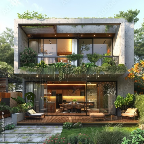 Modern House Exterior Design with Large Glass Windows and Green Plants