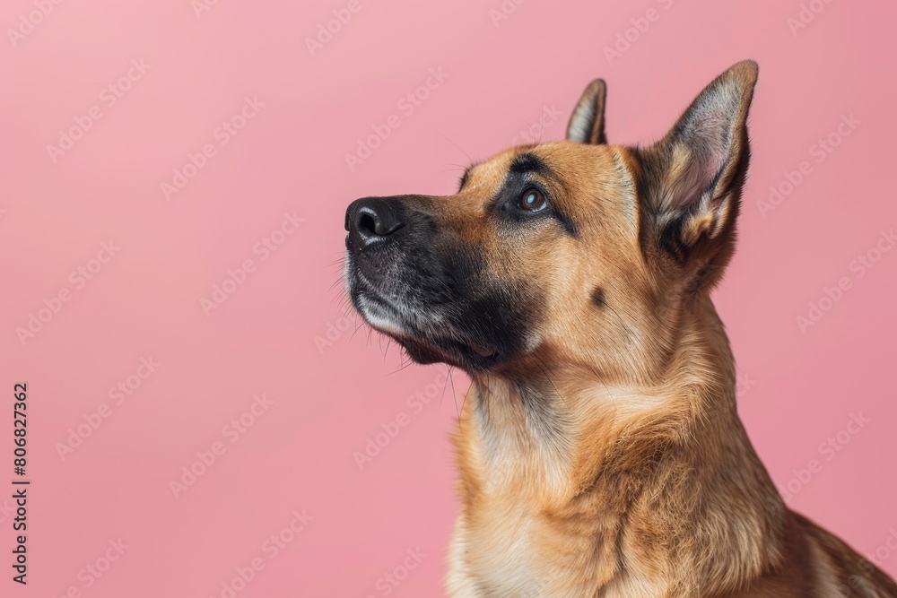 Chinook dog portrait on pastel pink background copy space left