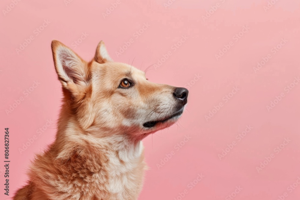 Chinook dog portrait on pastel pink background copy space right Chinook dog portrait on pastel pink background copy space right