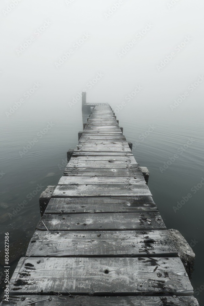 Obraz premium Wooden dock extending into a foggy lake