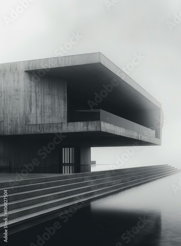 Black and white concrete building with large terrace and steps leading down to water