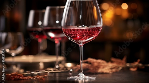 Close up of red wine in glass with bubbles and other glasses in background