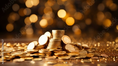 A pile of gold coins on a wooden table with a blurred background of golden lights photo