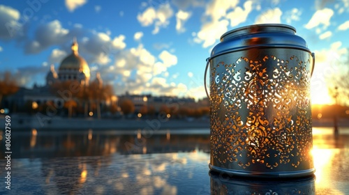 An Ornate Lantern Sits on a Stone Surface with a View of St. Isaac's Cathedral in the Background photo