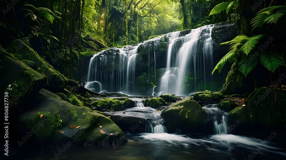 Beautiful waterfall in the forest. Panoramic image. Nature background