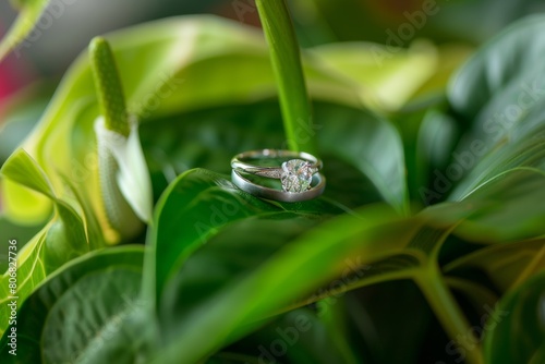 engagement ring closeup on the green anthurium flower. Lab grown eco sustainable diamonds.