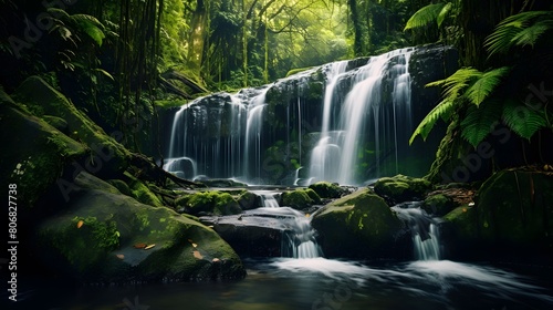 Beautiful waterfall in the forest. Panoramic image. Nature background