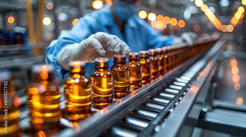 Pharmacist scientist with sanitary gloves examining medical vials on a production line conveyor belt in a pharmaceutical factory with Generative AI.