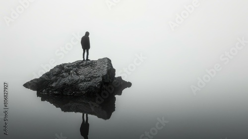 Man standing alone on a rock in the middle of a foggy lake with his reflection in the water