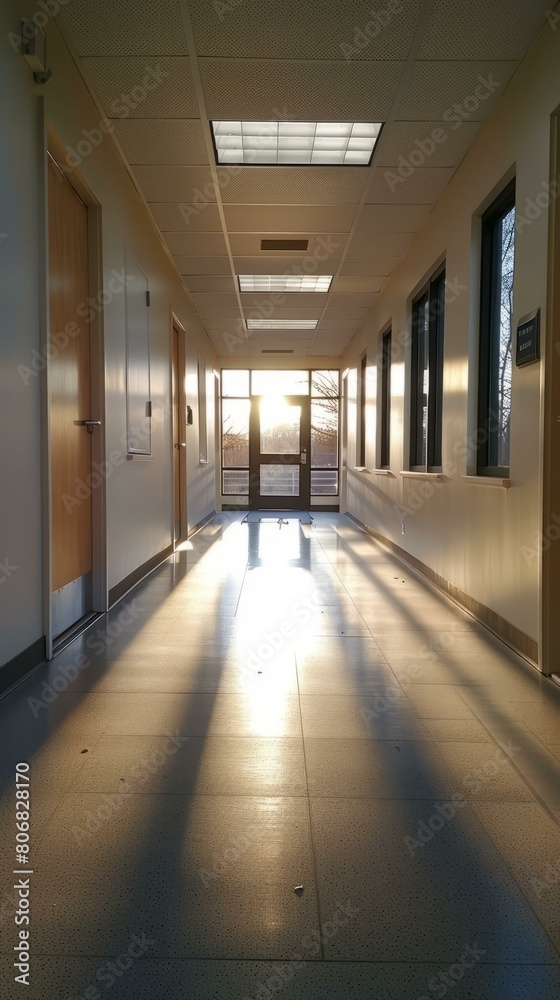 Bright hallway with sunlight shining through the door