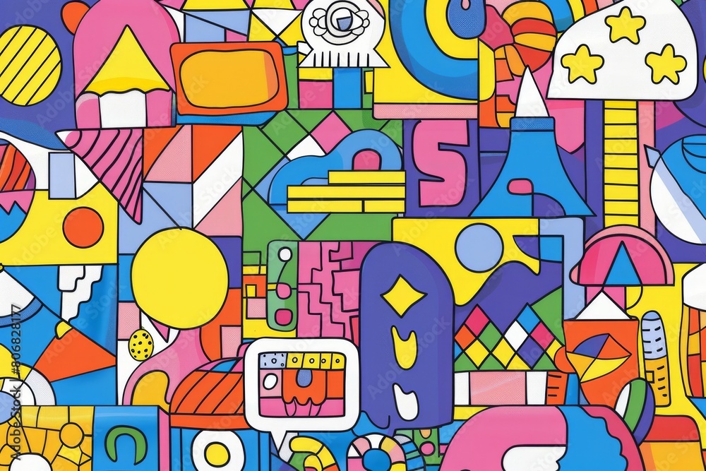 Fototapeta premium A front cover for a colouring book for toddlers called Shape and Pattern Playground, full of different shapes with various patterns within the shapes