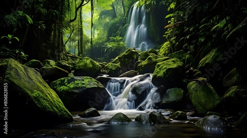 Panorama of a beautiful waterfall in the rainforest of Costa Rica