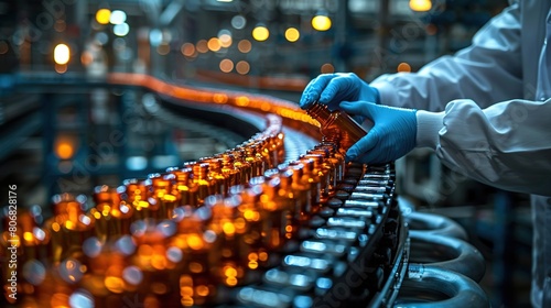 Pharmacist scientist with sanitary gloves examining medical vials on a production line conveyor belt in a pharmaceutical factory with Generative AI.