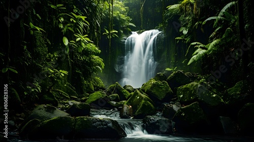 Panorama of a beautiful waterfall in a tropical rainforest  Bali  Indonesia