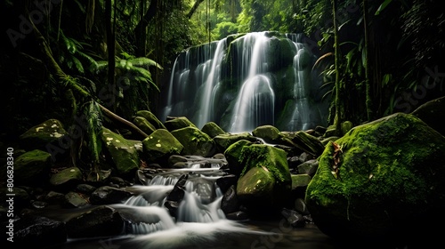 Panoramic view of beautiful waterfall in tropical rainforest  Bali  Indonesia