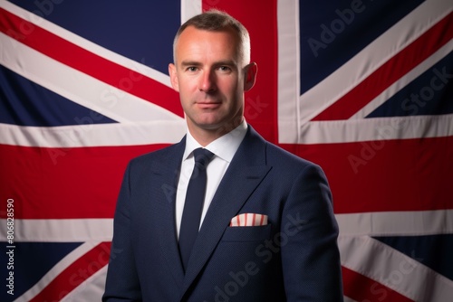 British man in suit and tie standing in front of Union Jack flag photo