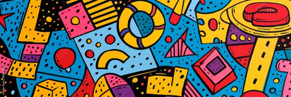 Obraz premium A front cover for a colouring book for toddlers called Shape and Pattern Playground, full of different shapes with various patterns within the shapes