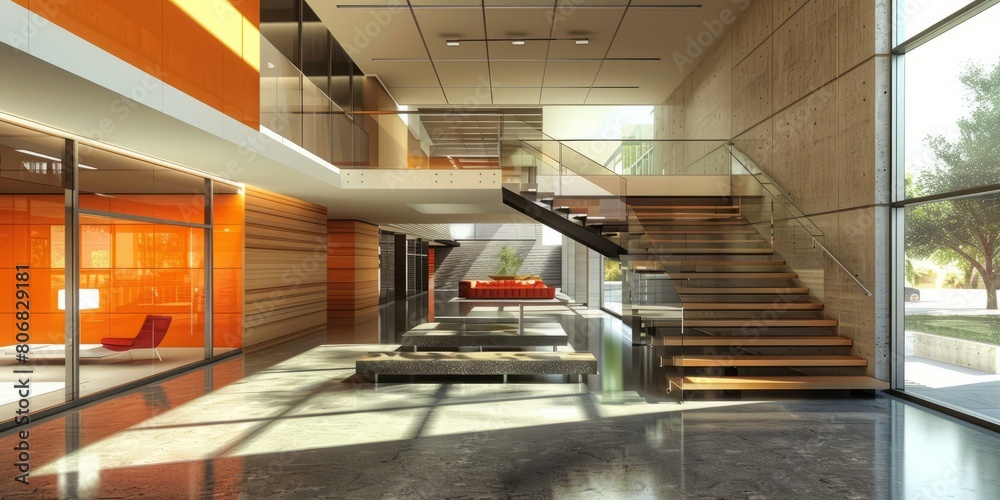 Obraz premium Office interior with modern glass staircase and orange accents