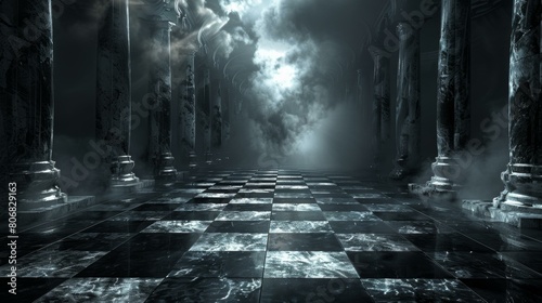 Dark Gothic Chessboard Floor With Columns And Smoke photo