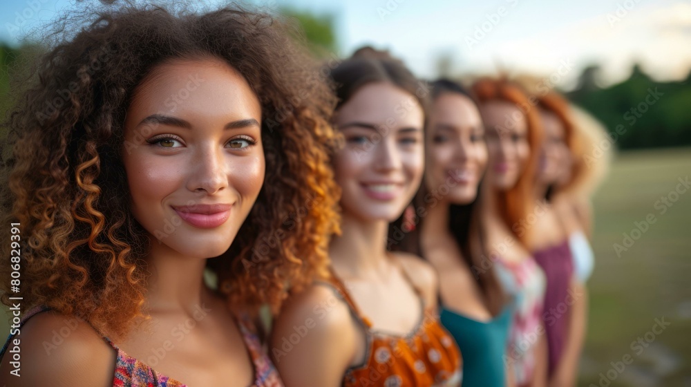Portrait of a group of smiling young women standing in a row outdoors Portrait of a group of smiling young women standing in a row outdoors