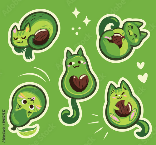 Cute cartoon stickers with avocatos on green
