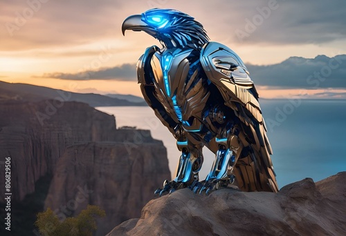 AI generated illustration of a metallic cyber eagle perched on a rock photo