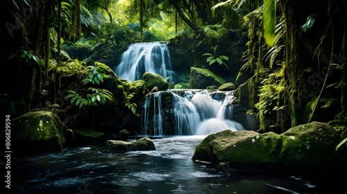 Tropical waterfall in rainforest. Panoramic view.