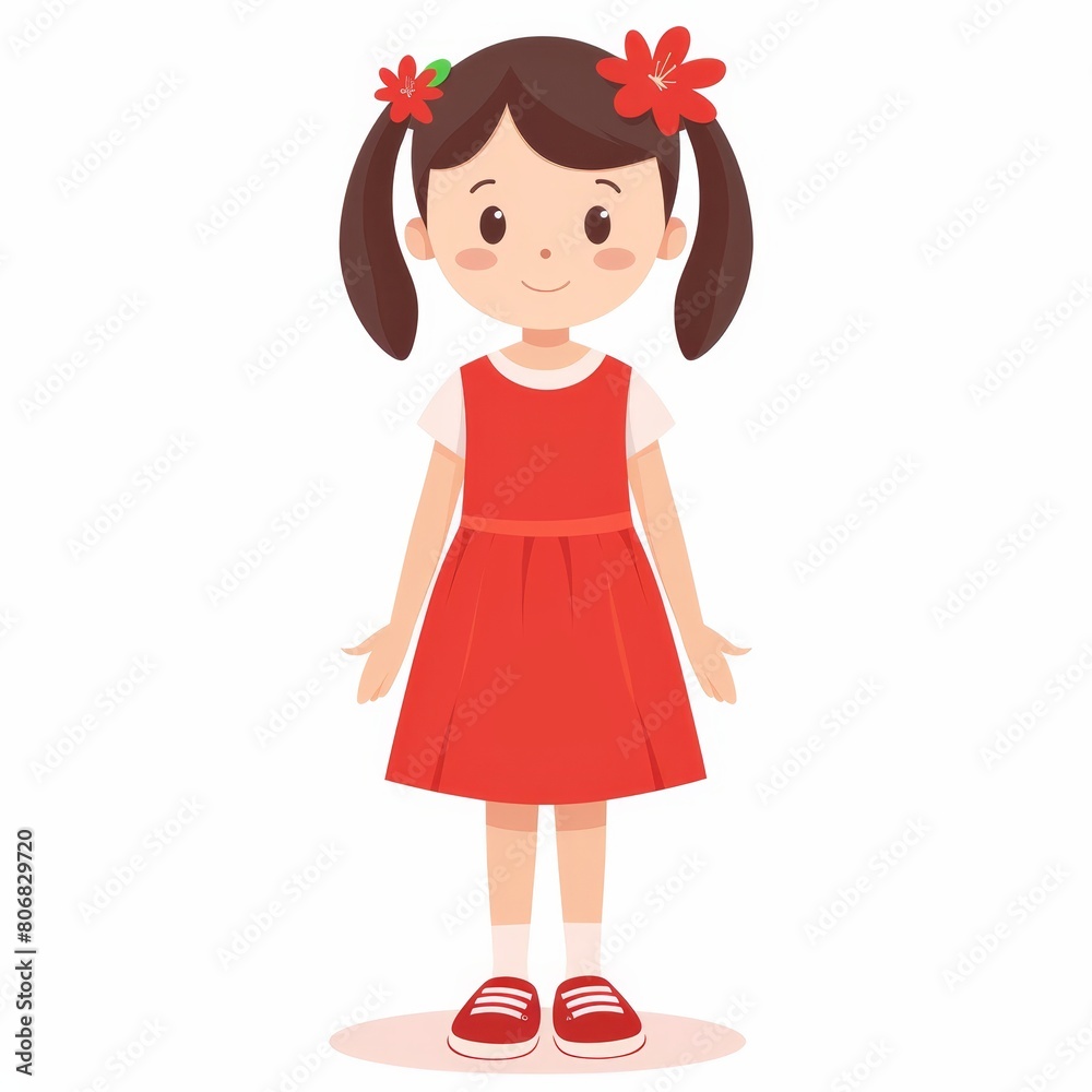   A small girl in a red dress holds a red flower in her hair, her hands tucked into her pockets