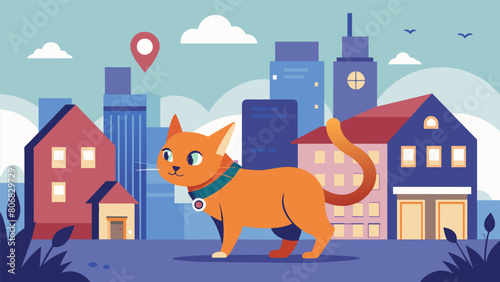 In a busy urban neighborhood a curious kitten explores its surroundings its collar blinking reassuringly thanks to its GPS tracker.. Vector illustration