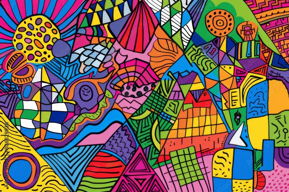 Fototapeta premium A front cover for a colouring book for toddlers called Shape and Pattern Playground, full of different shapes with various patterns within the shapes