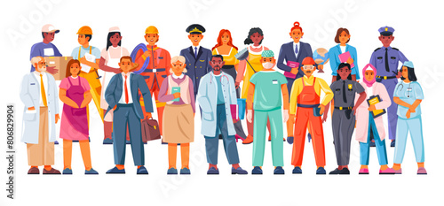 Group different professions. Professional workers various occupations, people in work uniform mixing profession careers, servant job characters labor day recent vector illustration