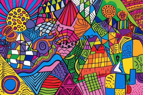 A front cover for a colouring book for toddlers called Shape and Pattern Playground  full of different shapes with various patterns within the shapes
