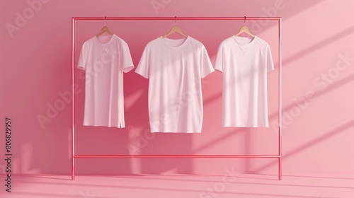 shirts of different colors are hanging on a clothesline against a pink background.