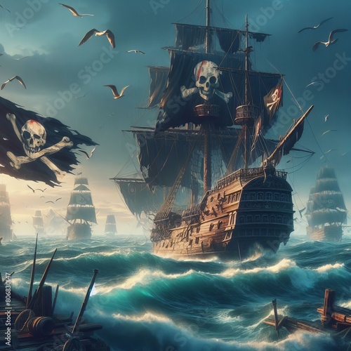  Pirate ship on the high seas with Jolly Roger flag, photorealis photo