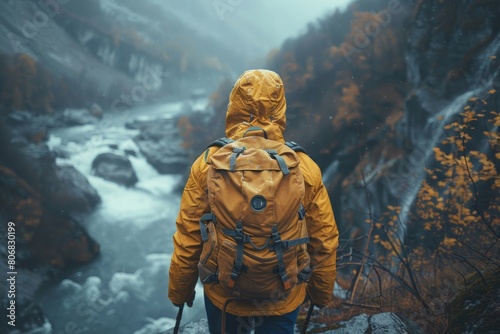 A backpacker walking by water surrounded by mountain landscape