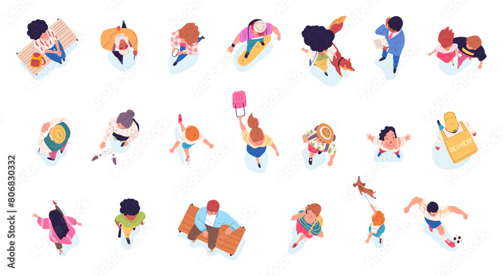 Above walking people. Walk characters top view, overhead crowd society street community aerial map over head student on skateboard or person with dog, classy vector illustration