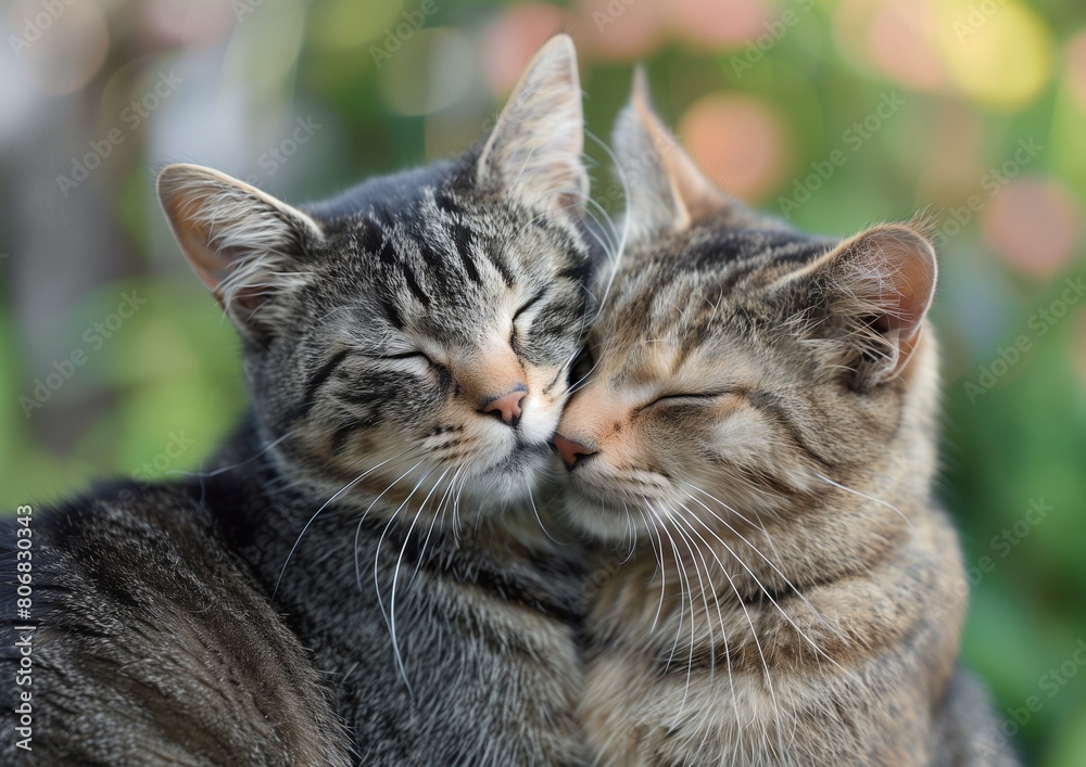 Two Adorable Tabby Cats Cuddling and Nuzzling Affectionately in a Garden Two Adorable Tabby Cats Cuddling and Nuzzling Affectionately in a Garden