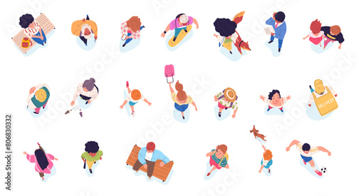 Above walking people. Walk characters top view, overhead crowd society street community aerial map over head student on skateboard or person with dog, classy vector illustration © ssstocker
