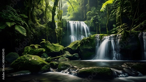 Panoramic view of beautiful waterfall in tropical rainforest. Nature background