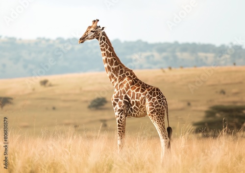 Majestic Giraffe Standing in African Savannah Grassland Scenery