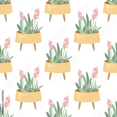 Outdoor pot with pink hyacinth flowers, gardening. Vector seamless pattern of garden elements. Flat style.