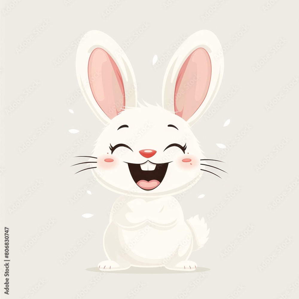   A white rabbit smiling, with closed eyes and extended tongue