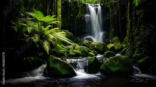 Waterfall in the rainforest. Panoramic view. Long exposure.