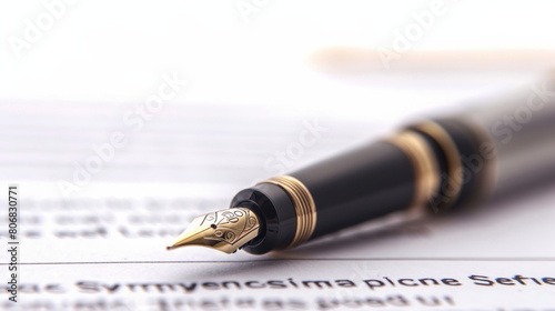 image of a luxurious pen lying on a signed contract, focusing on the pen tip, against a white background to denote successful negotiations and deals in business