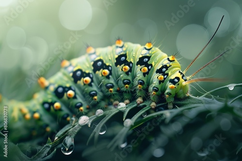 Swallowtail butterfly caterpillar lateral view - Papilio machaon. Beautiful simple AI generated image in 4K, unique.