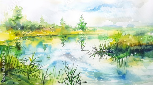 Illustrate a serene landscape using watercolor techniques, focusing on reflections in water photo