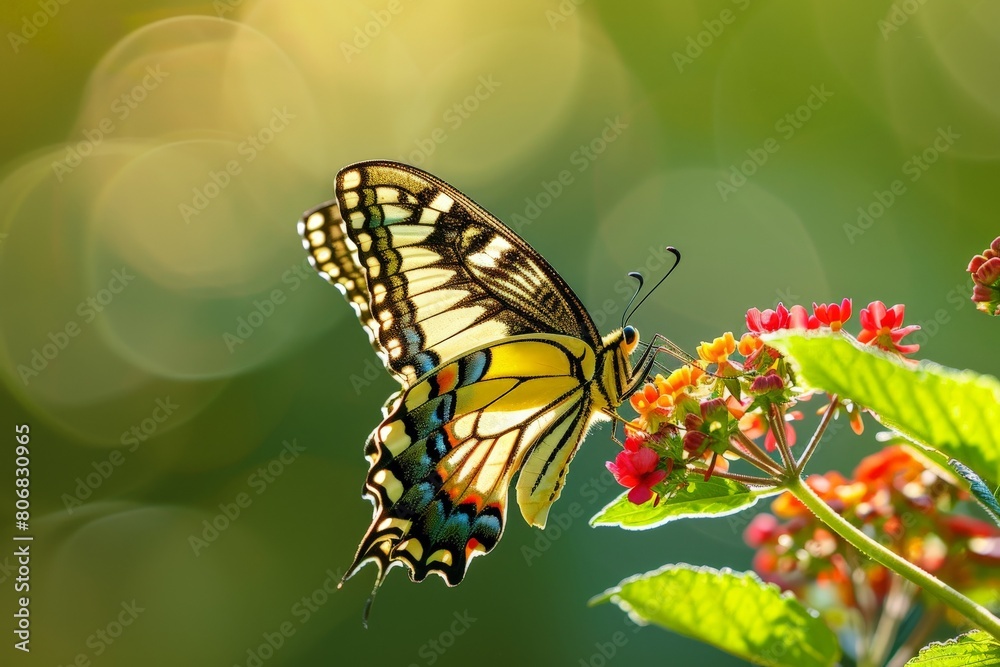 Fototapeta premium Caterpillar of the Machaon crawling on green leaves, close-up. Beautiful simple AI generated image in 4K, unique.