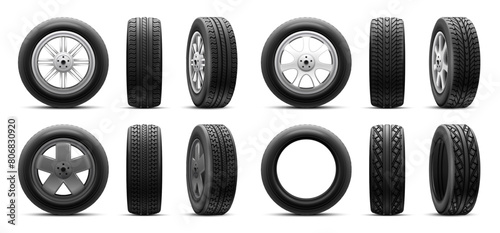 Realistic tires. 3d tires winter or summer car wheels, rubber tire with alloy disk isolated new tyre render automotive service consumer ads, truck wheel nowaday vector illustration