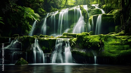 Panoramic view of a beautiful waterfall in the forest. Long exposure.
