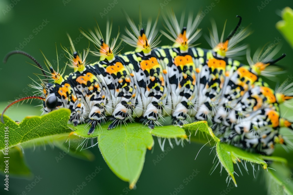 Caterpillar of the Machaon crawling on green leaves, close-up. Beautiful simple AI generated image in 4K, unique. Caterpillar of the Machaon crawling on green leaves, close-up. Beautiful simple AI generated image in 4K, unique.